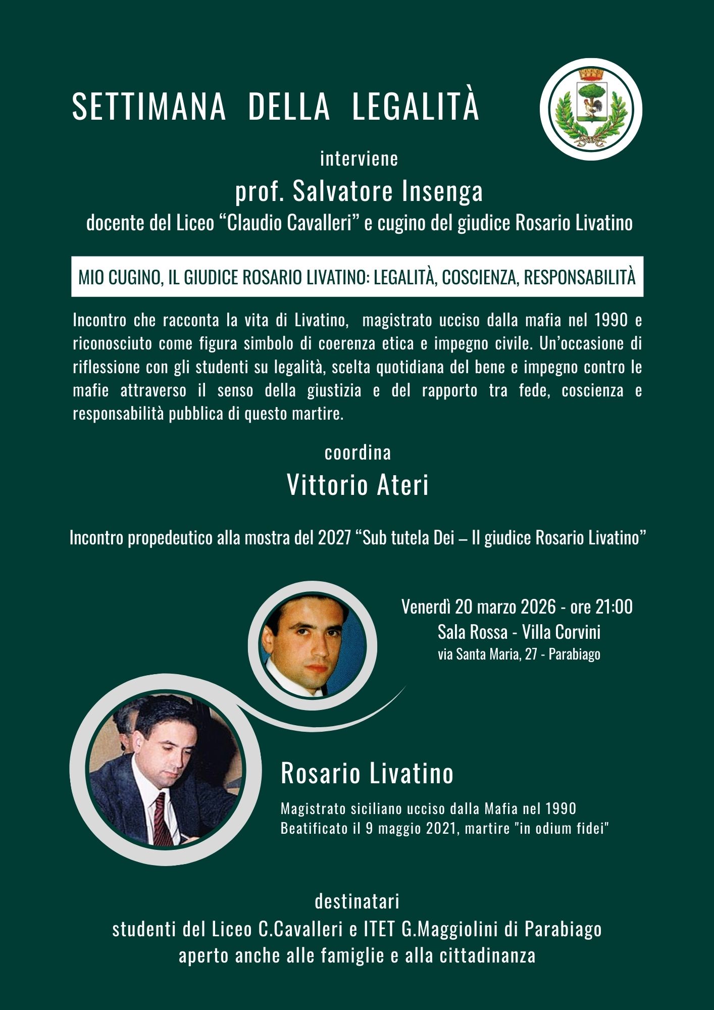 Incontro sulla figura del giudice Rosario Livatino durante la Settimana della Legalit�